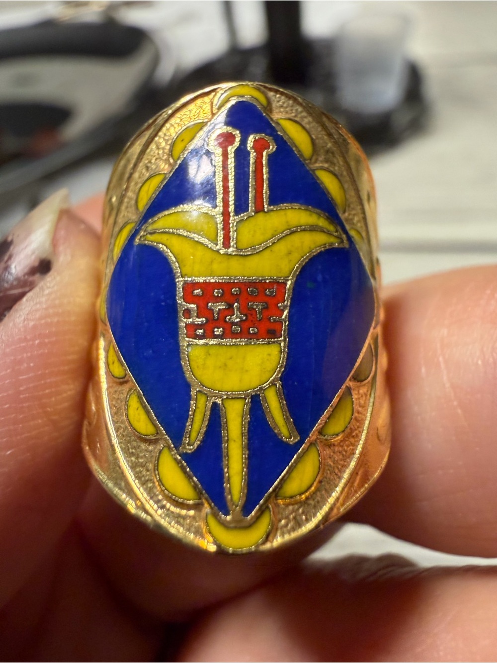 Vintage Gold-Tone Enamel Statement Ring in Blue & Yellow